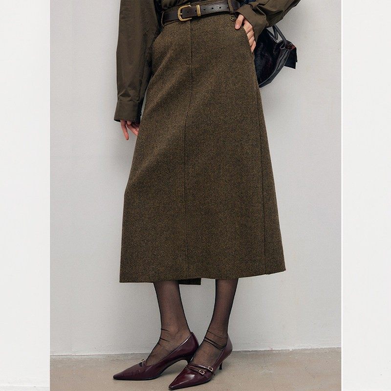 时尚开叉毛呢半身裙女装秋冬新款垂感高腰百搭人字纹a字裙子气质,淘宝优惠券,粉丝福利购,淘宝优惠卷