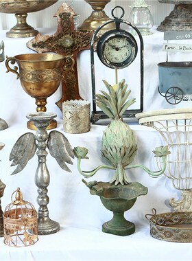 美式欧式家居饰品庭院装饰铁艺仿古做旧摆件烛台奖杯花盆墙上挂件