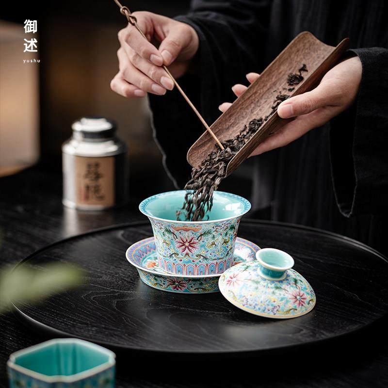 御述珐琅彩陶瓷三才盖碗茶杯单个高档带盖家用功夫茶具套装泡茶碗,淘宝优惠券,粉丝福利购,淘宝优惠卷