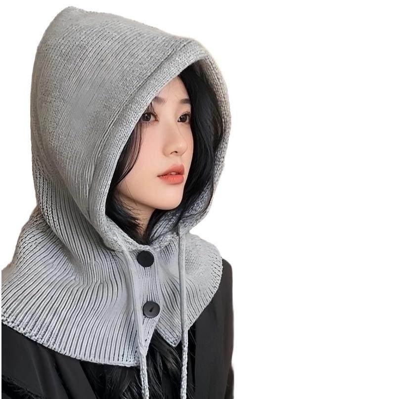 2025秋冬新款纯色针织带纽扣包头帽加厚防风保暖帽围巾帽护耳围脖,淘宝优惠券,粉丝福利购,淘宝优惠卷