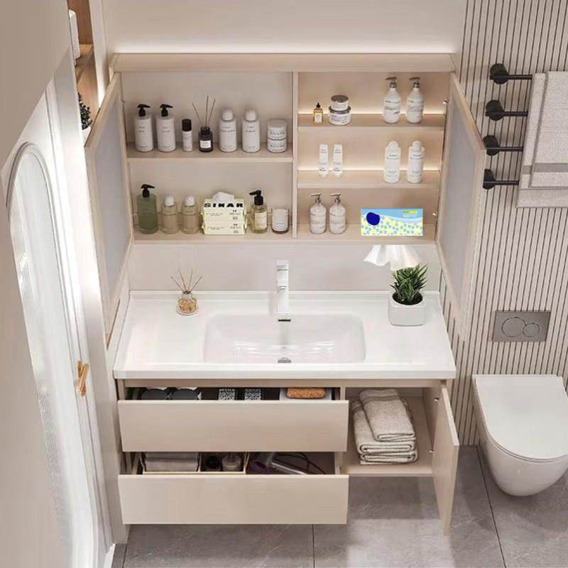 陶瓷一体盆浴室柜组合奶油风卫生间洗漱台轻奢洗手洗脸台洗手脸池,淘宝优惠券,粉丝福利购,淘宝优惠卷