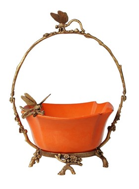 欧式橙色陶瓷镶铜创意果盘果篮客厅茶几花瓶纸巾盒床头装饰摆件