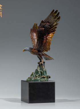 铜艺坊大鹏展翅全黄铜老鹰铜器工艺品办公室书房展翅老鹰铜摆件