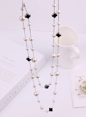 长款珍珠项链女小香风多层镂空玫瑰花毛衣链潮