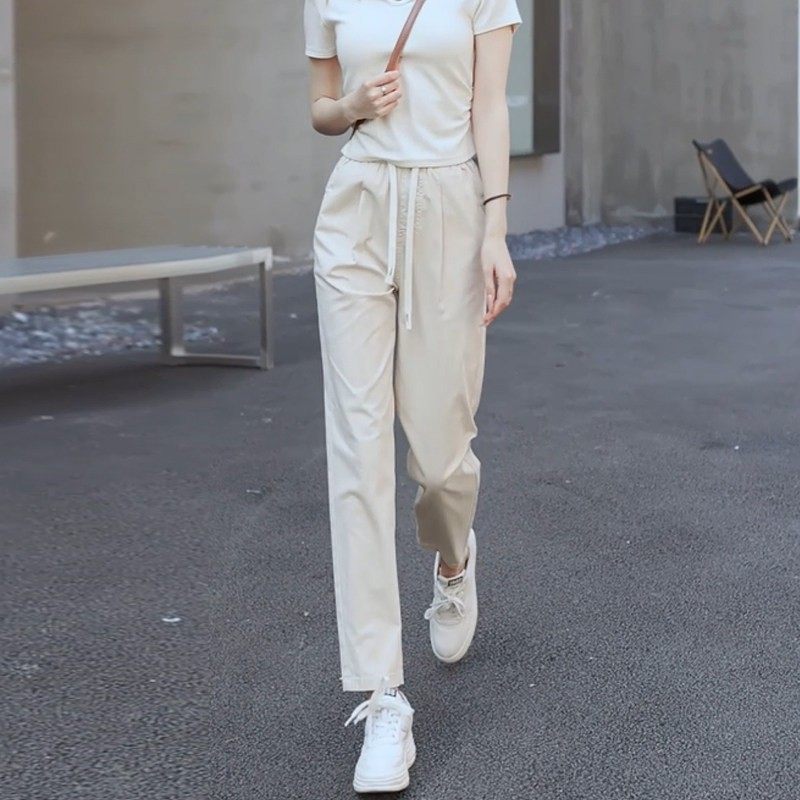 米白裤子夏季薄款哈伦裤女2025新款松紧腰抽绳小个子九分休闲女裤,淘宝优惠券,粉丝福利购,淘宝优惠卷