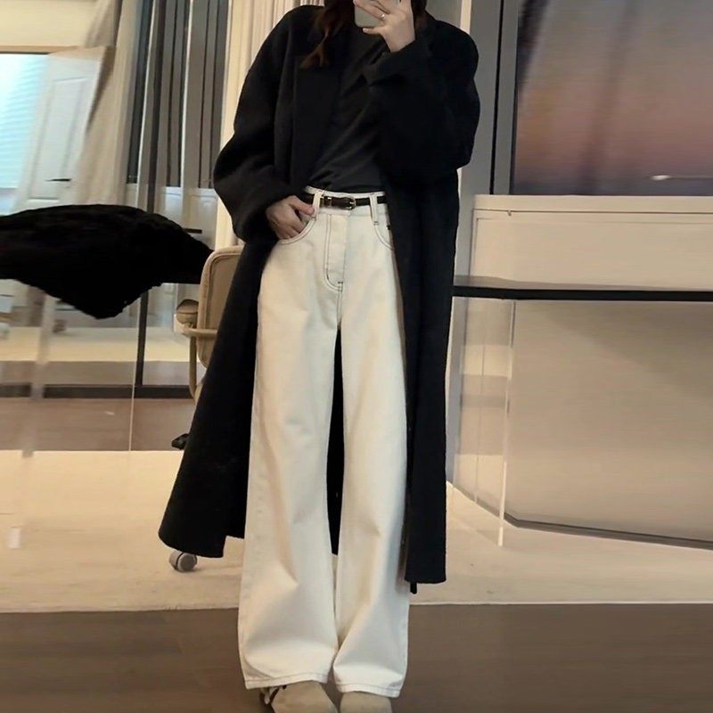 米杏色直筒牛仔裤女秋季2025新款小个子高腰宽松垂感阔腿加绒裤子,淘宝优惠券,粉丝福利购,淘宝优惠卷