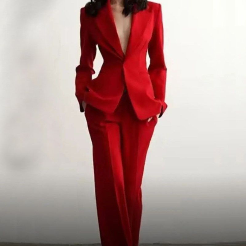 西装套装职业简约红色收腰气质女神范御姐高级感复古阔腿裤两件套,淘宝优惠券,粉丝福利购,淘宝优惠卷