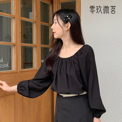 零玖微茗韩版大码丝质宽松上衣灯笼袖圆领微胖女装显瘦74372 - 图1