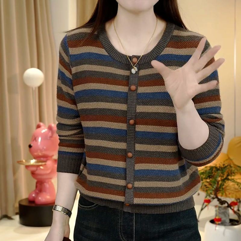 专柜正品减龄休闲圆领条纹针织衫2025洋气宽松年轻妈妈毛衣上衣女 - 图2