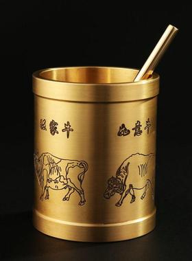 大仕缘 铜工艺品书房办公室摆件商务礼品五牛八骏马图四君子笔筒