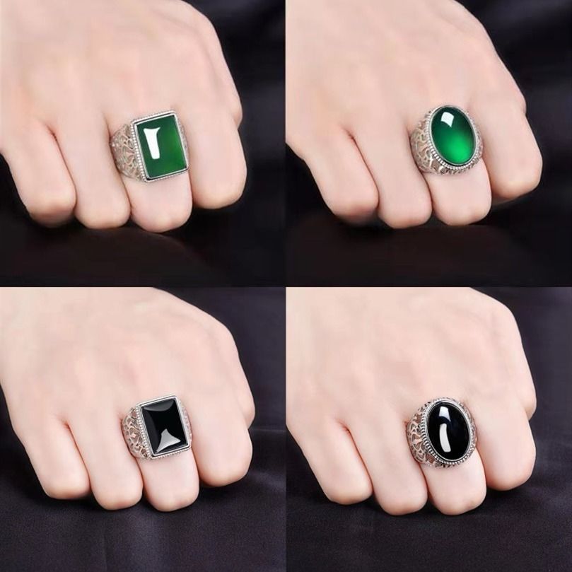 Domineering ring for men S natural chrysoprase color imitation gemstone open mouth not easy to fade silver plated