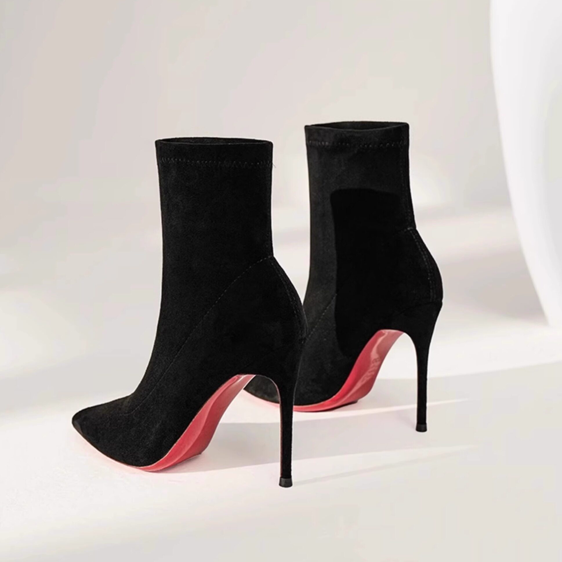 黑色性感绒面弹力瘦瘦靴百搭高跟短靴女2025秋冬新款气质尖头靴子,淘宝优惠券,粉丝福利购,淘宝优惠卷