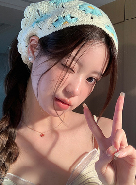 三角针织头巾女法式田园风海边度假发带2024新款高级碎花丝巾头饰