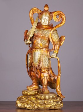 速发纯铜韦陀伽蓝菩萨左右护铜佛像韦驮关公法像件摆家居供奉