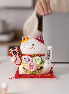 国潮陶瓷手捏花摇手招财猫家居客厅装饰店铺收银台开业礼品