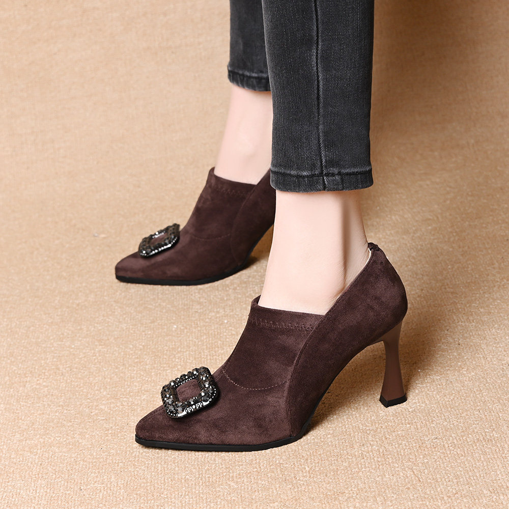 真皮羊皮尖头水钻扣深口女鞋秋季新款绒面弹力布细跟高跟时尚裸靴