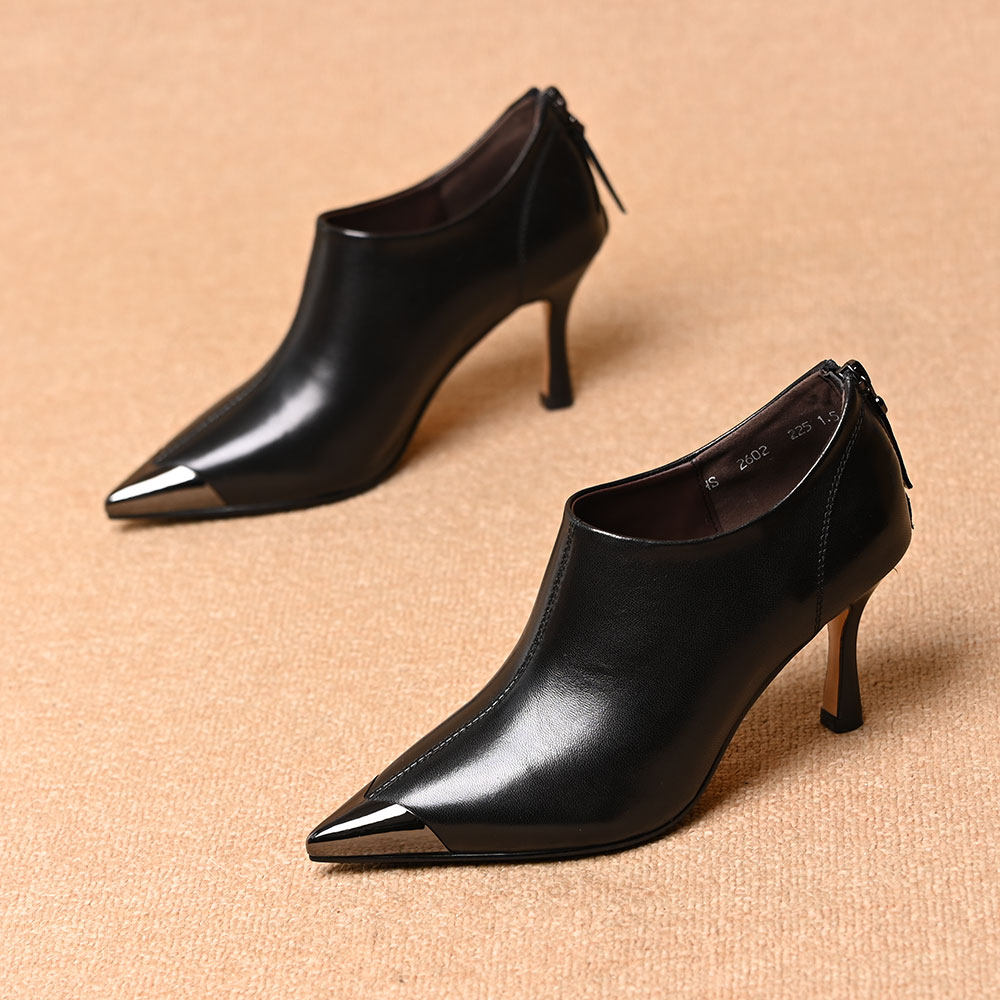 金属尖头后拉链高跟深口单鞋女春秋新款软皮百搭气质细跟小皮鞋,淘宝优惠券,粉丝福利购,淘宝优惠卷