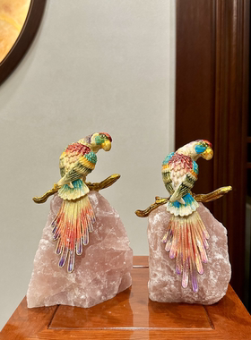 新中式珐琅彩鹦鹉呈祥天然水晶摆件家居客厅玄关酒柜装饰品乔迁礼
