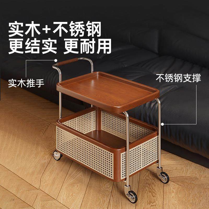 实木可移动边几中古收纳小推车客厅沙发置物架塑藤编储物覆古餐车,淘宝优惠券,粉丝福利购,淘宝优惠卷