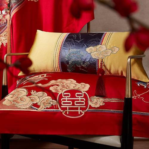 中式婚庆100支全棉四件套百子喜字刺绣大红被套床单结婚床上用品 - 图2