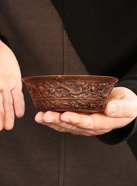 匠泽铜魂纯铜龙碗聚宝盆双龙戏珠摆件家居创意礼品摆设聚宝盆工艺