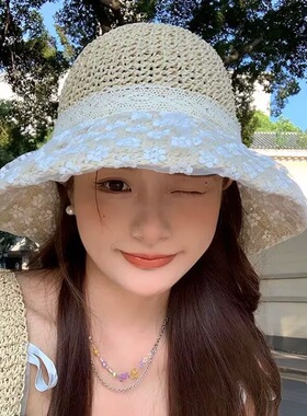 草帽女新款日系小清新蕾丝草编