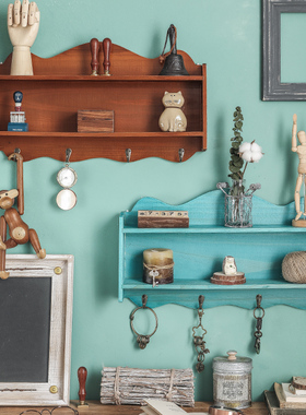 美式玄关创意挂钩钥匙挂架门x口壁挂置物架挂衣钩复古木制收纳盒
