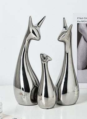 轻奢电镀银三口之j家鹿陶瓷摆件创意玄关电视柜酒柜隔断家居装饰