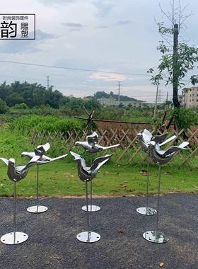 不锈钢展翅小鸟雕塑草坪花园鸽子摆件户外园林景观抽象动物装饰品