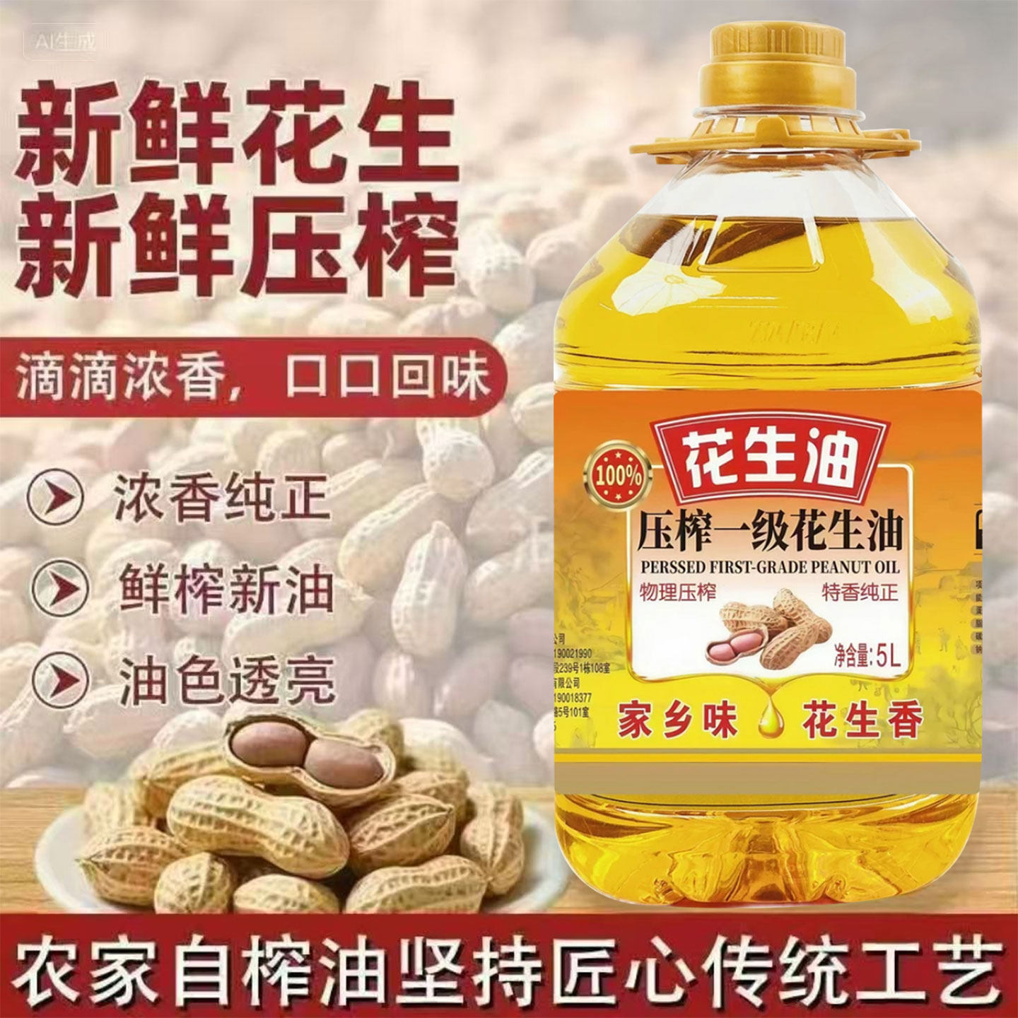 花生油农家自榨小瓶食用油纯正花生油5L升大桶装无添加家用炒菜油,淘宝优惠券,粉丝福利购,淘宝优惠卷