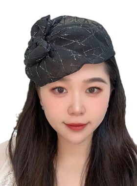 爆款网纱头饰欧根纱串珠半帽发箍遮白发复古黑色晚宴百搭气质优雅