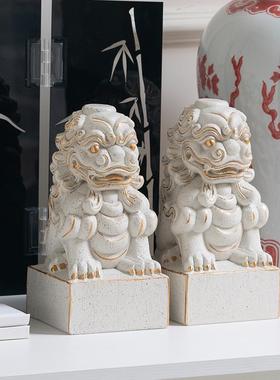 新中式古风仿石雕狮子摆件一对办公室电视柜侘寂风装饰醒狮工艺品
