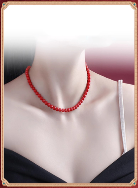 天然朱砂红色圆珠项链女士颈链锁骨链细脖链中年吊坠饰品送妈妈