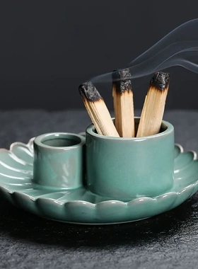 欧美秘鲁圣木托盘鼠尾草托盘 圣木支架烛台蜡烛托线香炉陶瓷