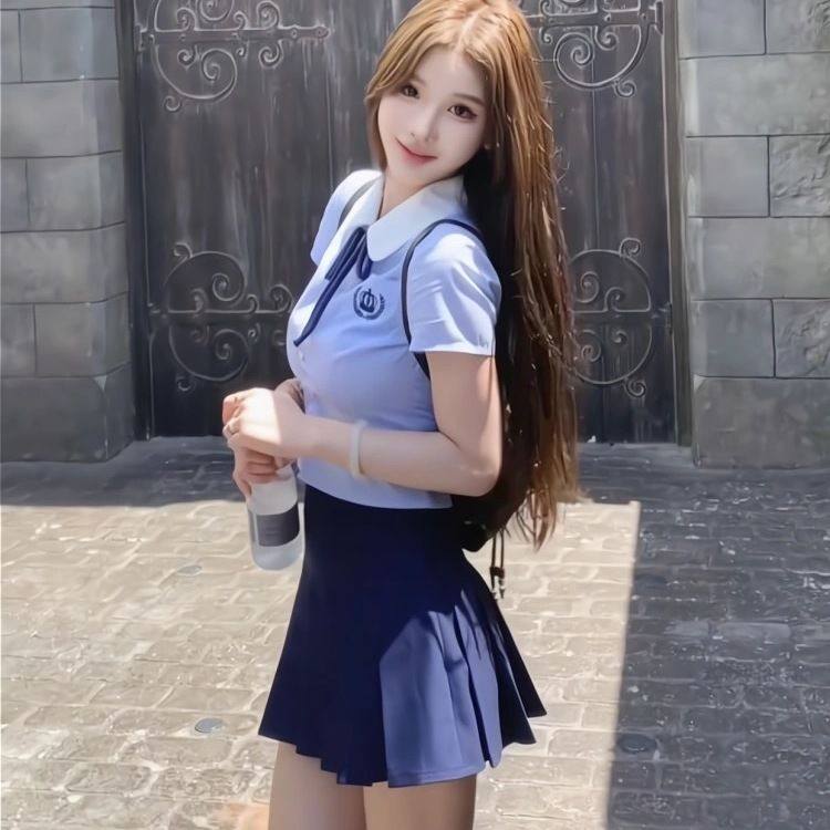 蓝色学院风衬衫百褶裙套装女高级感jk上衣短裙两件套夏季2024新款,淘宝优惠券,粉丝福利购,淘宝优惠卷