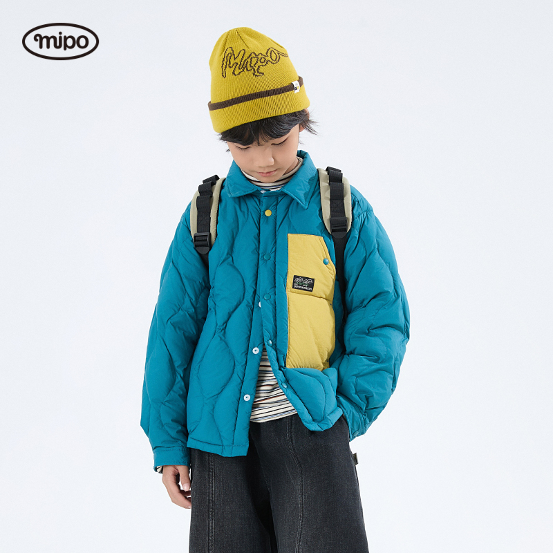 【商场同款】mipo冬季儿童羽绒衬衫户外三防撞色轻量90绒羽绒衬衫 - 图0
