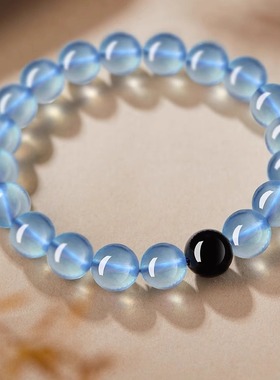普陀山冰种海蓝宝黑曜石手串女款