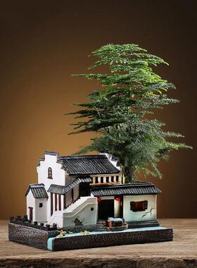 中式苏州园林微景观桌面树脂摆件客厅家居装饰办公室造景房子花盆