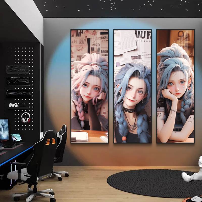 英雄联盟挂画金克丝装饰画萝莉LOL游戏网咖壁画电竞长条墙面装饰 - 图2