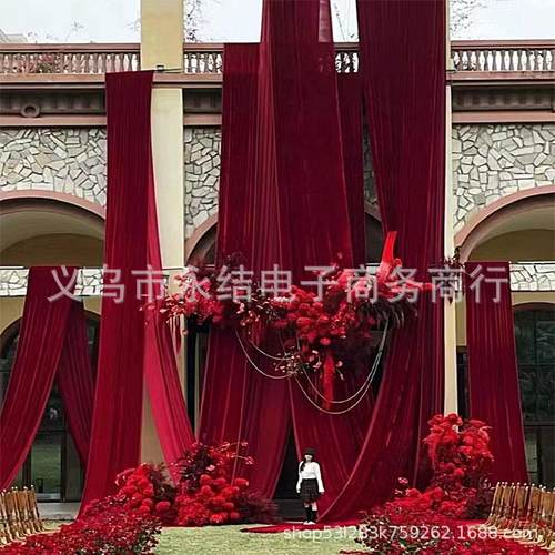 婚礼场景布置酒红色金丝绒布结婚舞台背景周岁生日订婚宴现场布幔 - 图1