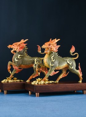 快速发货铜麒麟摆件一对黄铜火麒麟公母家居T客厅办公室装饰