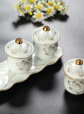 现货速发白色浮雕莲花三连杯供前供杯圣水杯佛前净水杯供贡水杯贡