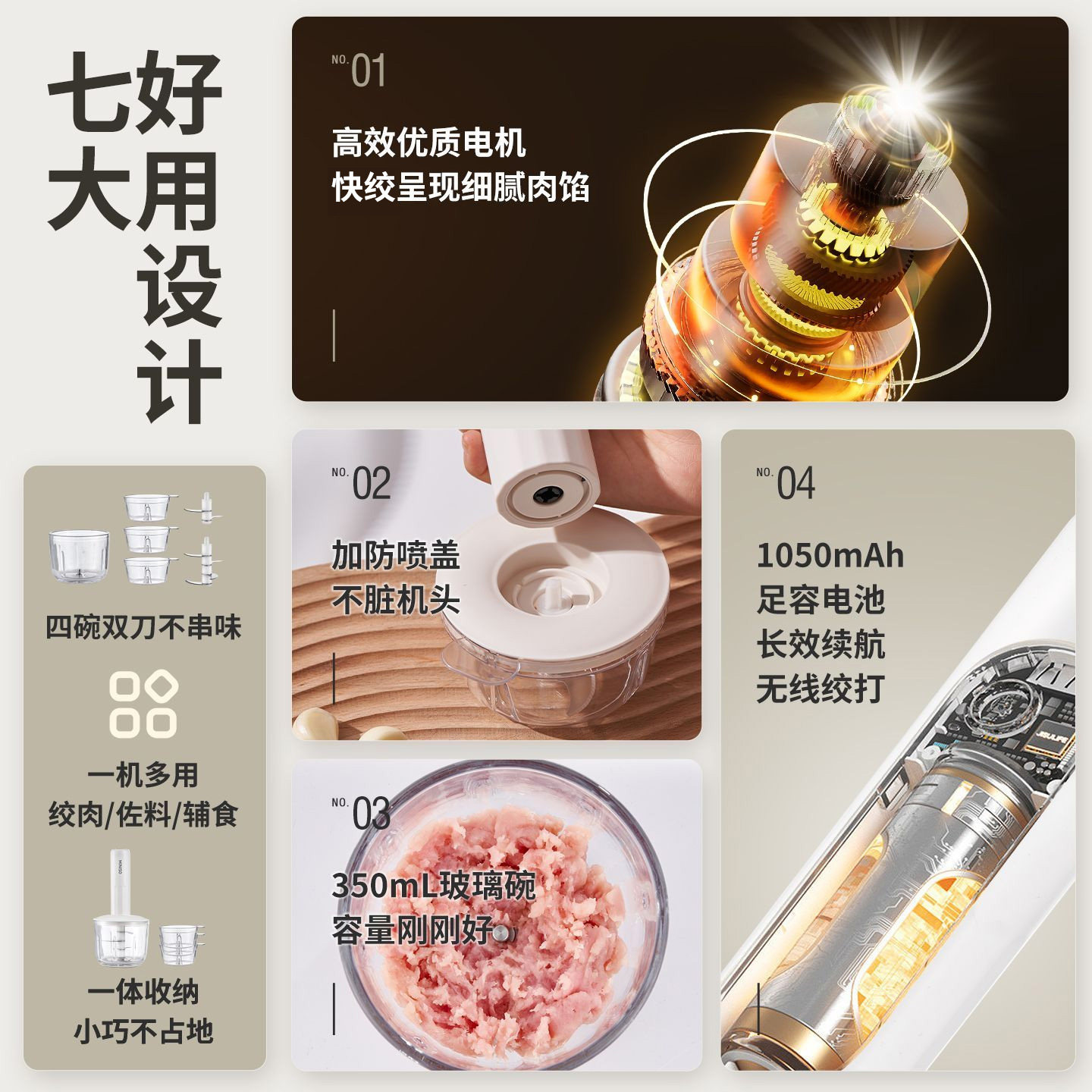 MINISO电动绞肉机小型多功能料理机家用自动捣蒜器无线佐料机辅食,淘宝优惠券,粉丝福利购,淘宝优惠卷