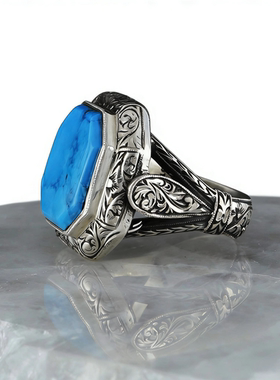 欧美饰品时尚几何方形浅蓝钻宝石戒指男士商务通勤百搭指环