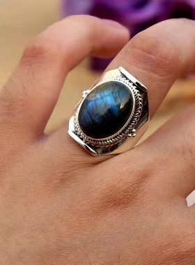 新款复古天然拉长石戒指男款个性时尚百搭指环