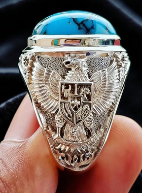 欧美男戒复古款古风花草纹路做旧款青色石男士戒指