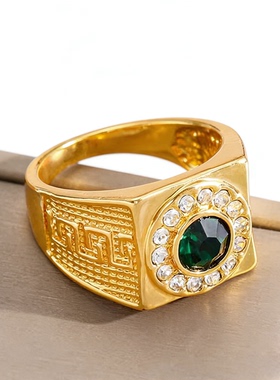 新款复古绿宝石戒指男款个性时尚百搭指环