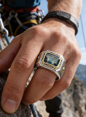 欧美时尚轻奢感宝石戒指男仿澳宝戒指指环简约首饰