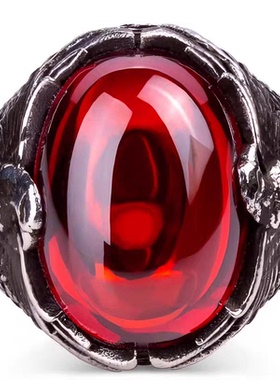 欧美复古红宝石男戒指朋克夸张合金戒指嘻哈酷帅男士指环