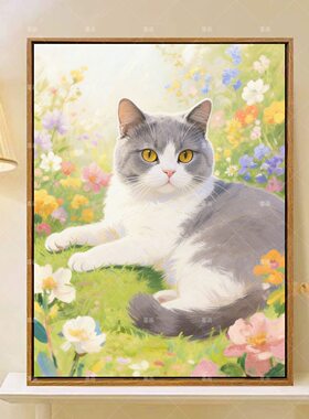 成人解压画数字油画diy填充手绘手工填色涂色玄关 英短蓝白猫